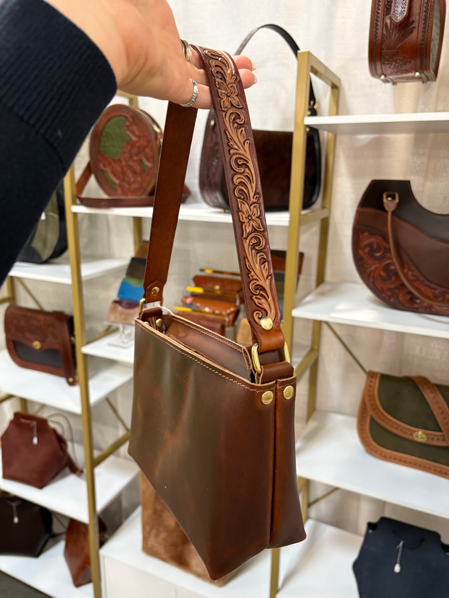Socorro Tooled Shoulder Bag - Caramel Floral Scroll