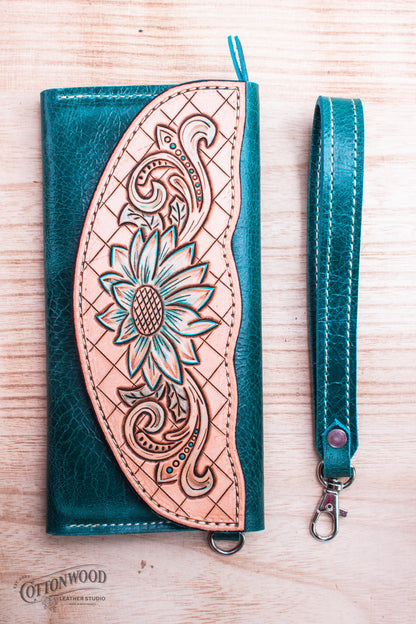 Turquoise Daisy Clutch Wallet with Wrist Strap