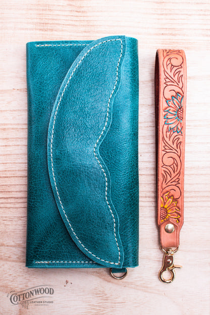 Turquoise Clutch Wallet with Floral Wrist Strap