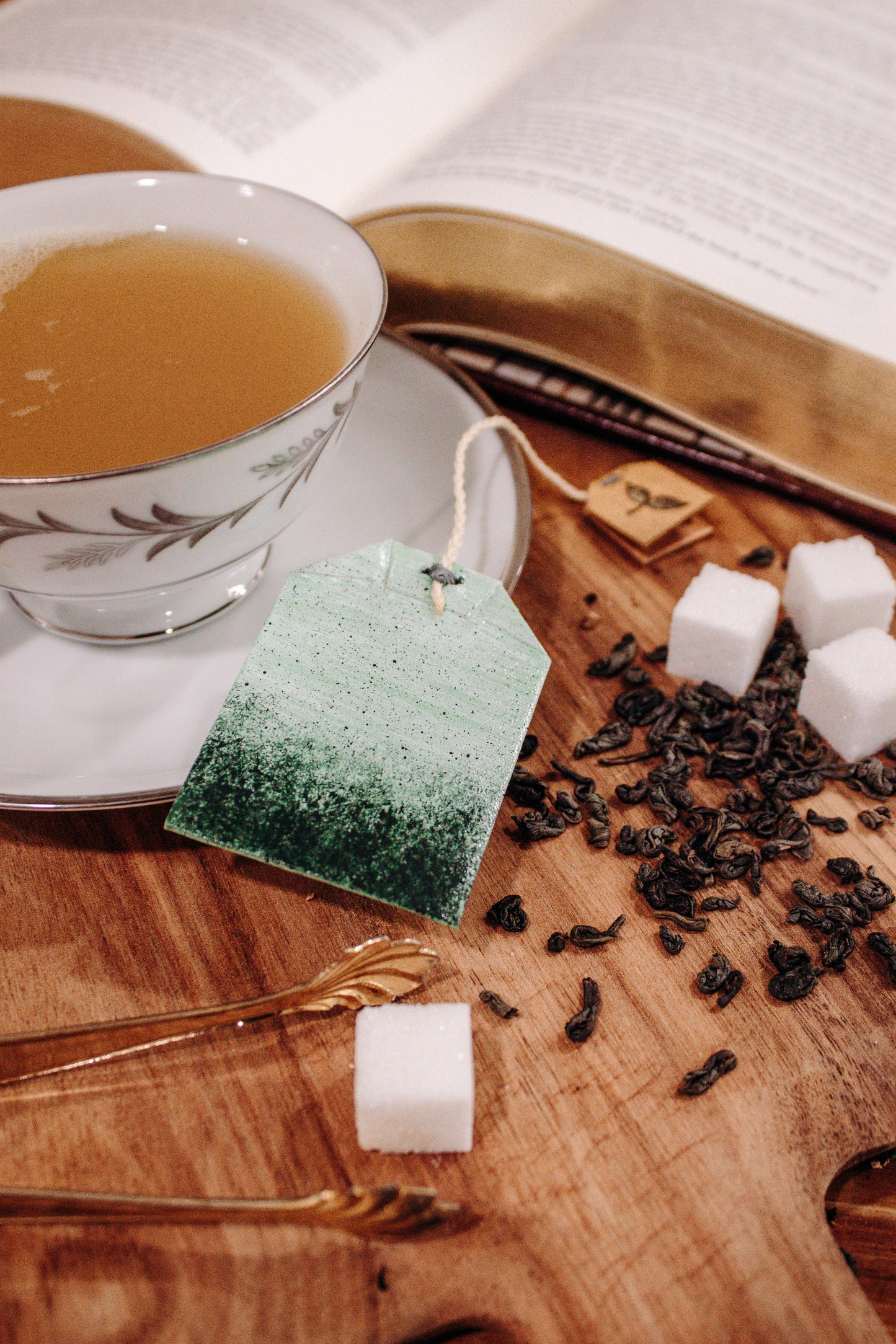 Green Tea Bag Leather Bookmark